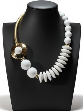 Trifari Modernist White Lucite Bead Necklace, Gold Tone Collar